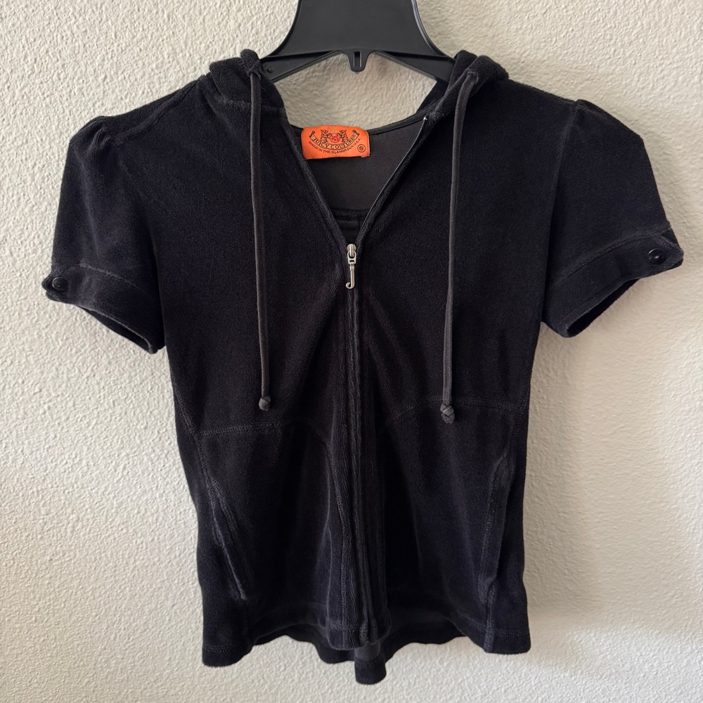 Vintage Y2K Juicy Couture Terrycloth Short Sleeve Zip Up Hoodie S Black Puff USA